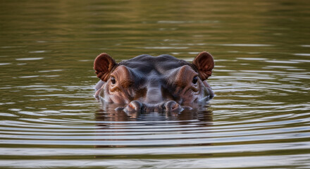 Fototapeta premium A hippopotamus emerges from the water, showing its head and ears, creating ripples on the surface.