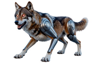 A powerful cybernetic wolf with glowing red eyes and metallic prosthetic limbs, poised, embodying a futuristic blend of nature and technology. background removed