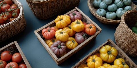 Assorted heirloom tomatoes in rustic baskets on wooden table