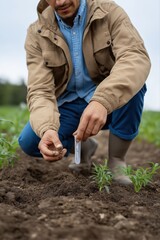Caucasian male young adult examining soil quality in farm field with test tube