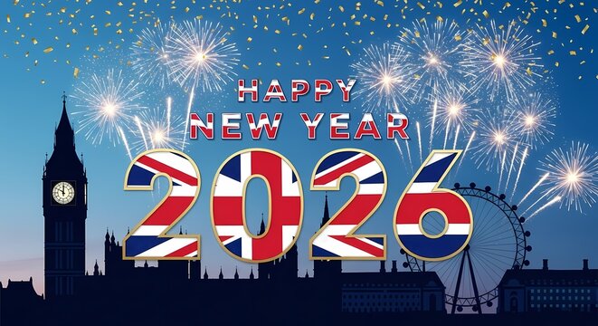 Happy new year 2026 with the union jack flag and london skyline - Powered by Adobe