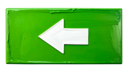 Rectangular, textured block of green paint with a white arrow pointing left