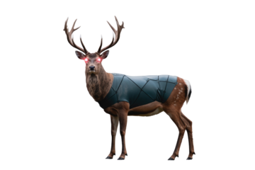 A majestic stag with glowing red eyes and impressive antlers wears a futuristic dark vest, standing against a solid transparent background. background removed