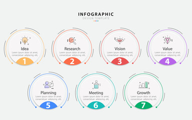 Business infographic template. 7 Step timeline journey. Process diagram, 7 options on white background, Infograph elements, technology, education, modern vector illustration.