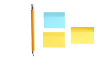 A pencil stands next to two yellow and one blue sticky notes, all against a black backdrop