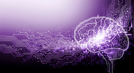 Digital brain concept showing glowing form with circuitry against dark purple background. Digital brain highlights future technologies including artificial intelligence and data.