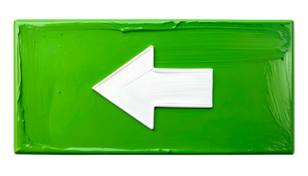Rectangular, textured block of green paint with a white arrow pointing left