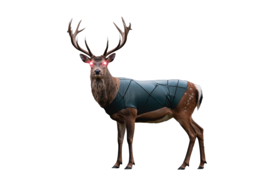 A majestic stag with glowing red eyes and impressive antlers wears a futuristic dark vest, standing against a solid transparent background. background removed