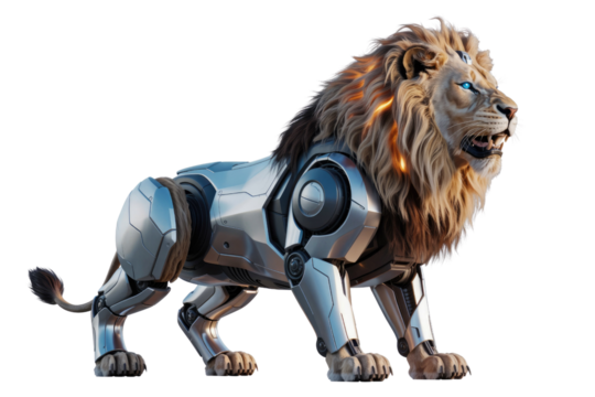 A majestic robotic lion, half machine and half beast, with glowing blue eyes and an illuminated mane, stands powerfully. background removed