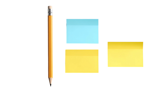 A pencil stands next to two yellow and one blue sticky notes, all against a black backdrop