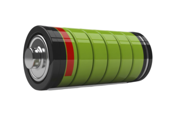 A 3D rendering of a green battery, indicating a full charge with segmented bars, against a solid background, ready for use. background removed