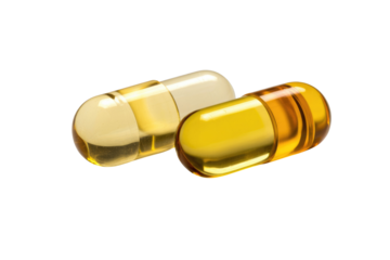 Two golden yellow translucent gel capsules, likely containing supplements like fish oil or vitamins, against a solid transparent background. background removed