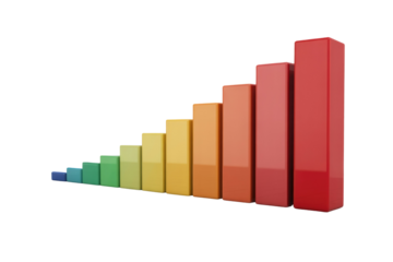 A 3D bar chart with increasing height and a color gradient from blue to red, visualizing progressive data or growth. background removed