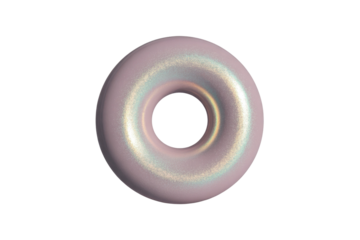 A shimmering 3D torus with a pearlescent, holographic glitter effect, featuring soft pink and iridescent hues, centered on a dark transparent background. background removed