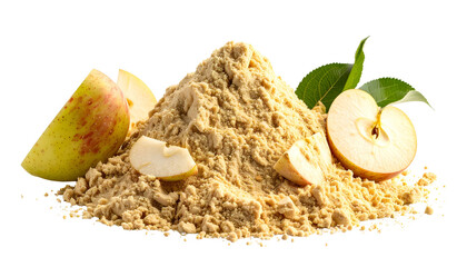 Pile of tan powder with apple slices and green leaves on black background