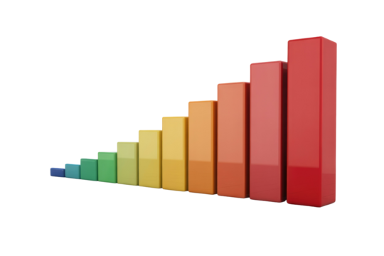 A 3D bar chart with increasing height and a color gradient from blue to red, visualizing progressive data or growth. background removed