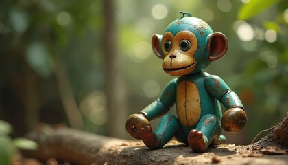 A toy monkey sits in green forest. Vintage monkey figurine with cymbals displayed outdoors. Retro decoration idea, collectible, old rusty monkey in garden. Childrens toy on nature