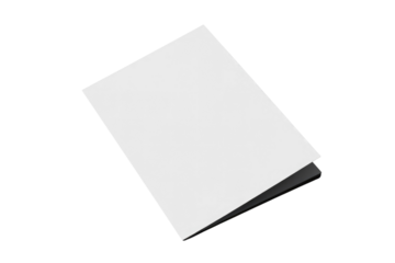 A blank white booklet or stack of paper with a dark edge, angled on a plain transparent background, ready for custom design. background removed