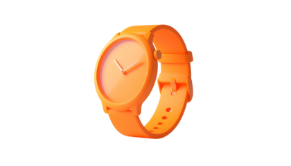 An isolated, vivid orange wristwatch floats against a stark black backdrop