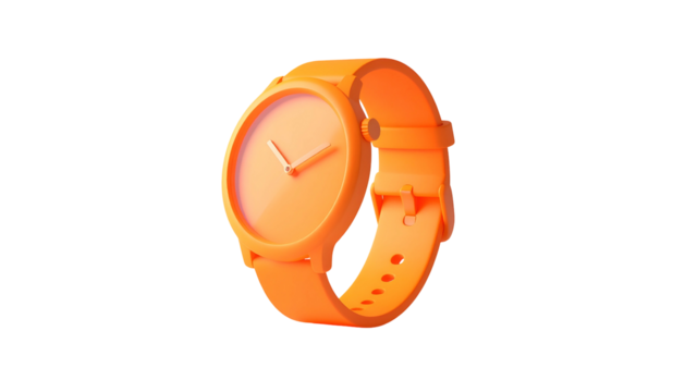 An isolated, vivid orange wristwatch floats against a stark black backdrop