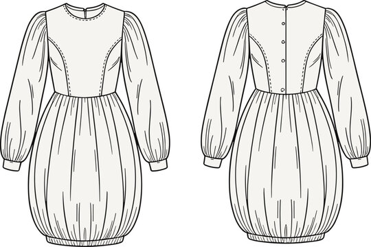 Fashion technical sketch, balloon hem puff sleeve dress, front and back view, garment construction, vector template, cad drawing flat vector illustration