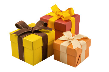 Obraz premium Three vibrant gift boxes - yellow, red, and orange - each tied with a beautiful ribbon, ready for celebrations and special occasions. background removed