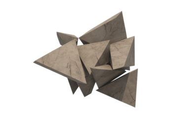 Abstract composition of fragmented, textured concrete geometric shapes with sharp edges, forming a dynamic cluster against a transparent background. background removed