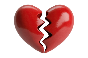 A glossy red heart, broken into two distinct pieces with a jagged, zig-zag crack, symbolizing heartbreak, loss, or separation. background removed