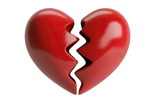 A glossy red heart, broken into two distinct pieces with a jagged, zig-zag crack, symbolizing heartbreak, loss, or separation. background removed - Powered by Adobe