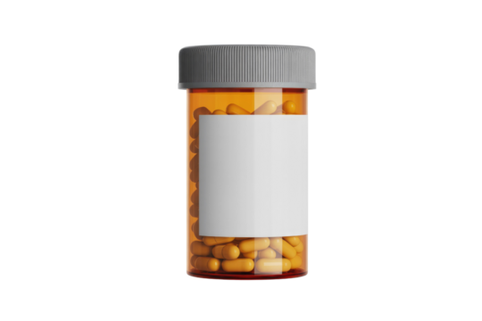 An amber prescription bottle filled with orange capsules, featuring a blank white label and grey cap, suitable for medical designs. background removed