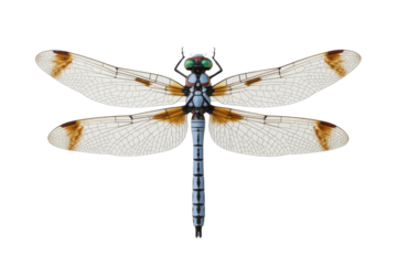 Stunning top-down view of a colorful dragonfly, showcasing its translucent wings with brown patches, blue segmented body, and vivid green eyes. background removed