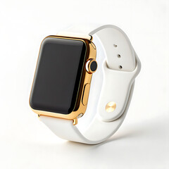 A close up of a gold apple watch with a white band on a white background in a studio setting