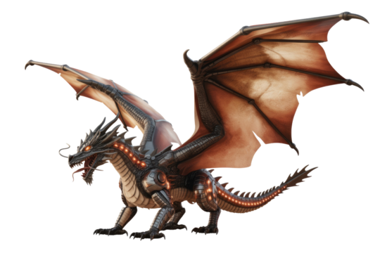 A majestic steampunk dragon, crafted from metallic scales and glowing orange accents, with large reddish-brown leathery wings, poised and powerful. background removed