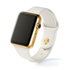 A close up shot of a gold apple watch with a white band on a white background in a studio setting