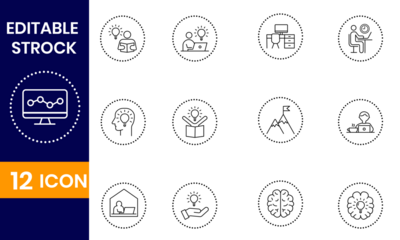 Vector art of set of thin line icons of business development contains such symbols as teamwork, success, growth, and brainstorm