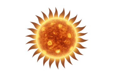 A vibrant, glowing sun graphic with fiery texture and stylized rays radiating warmth, isolated on a dark transparent background. background removed