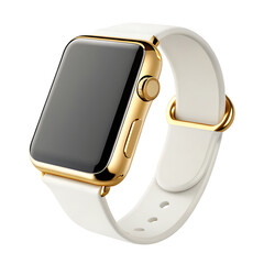 A close up of a gold smart watch with a black screen and a white band on a white background view