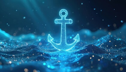 Digital anchor floats on glowing blue water waves. Abstract ocean waves shimmer with light particles. Futuristic cyber sea deep with bright sea surface.