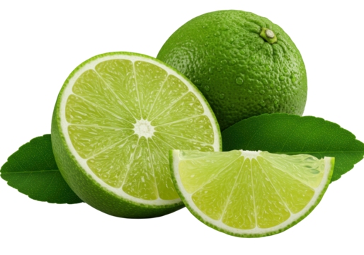 A perfectly bisected vibrant green lime, translucent with glistening juice, crisp pith visible, a dew-kissed wedge, and lush leaves on a transparent studio background, concept of fresh citrus