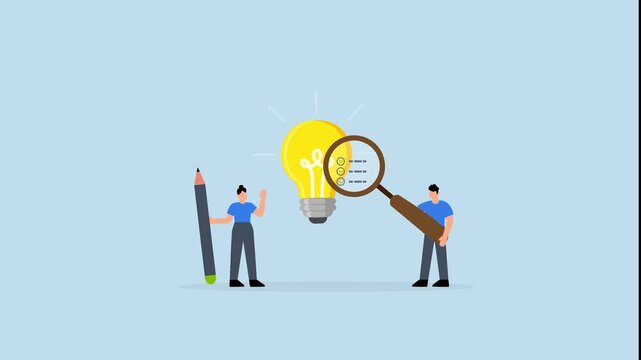 Business viability checking, entrepreneur using magnifying glass examines lightbulb concept