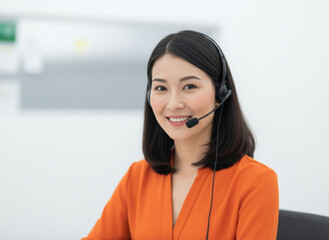 Enthusiastic Asian technical support agent wearing a headset and smiling in a minimalist office