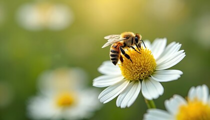 Obraz premium Fuzzy bee collects yellow pollen on white wildflower petals in sunlit green field. Insect gathers nectar from bloom, pollination process, macro shot detail. Nature, wildlife, summer meadow.