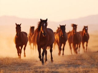 Fototapeta premium Herd of wild horses galloping through dusty landscape at sunset