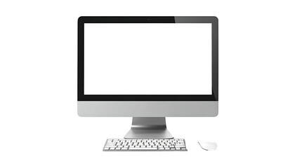 Modern silver all-in-one computer with peripherals, blank screen against dark background