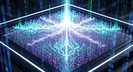 Abstract Artificial Intelligence Data Processing and Neural Network Visualization with Glowing Connections