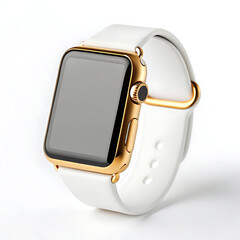 Close up shot of a gold apple watch with a white band on a plain white background in a studio setting