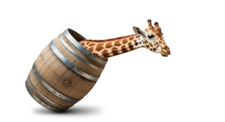 giraffe in a wooden barrel, peeking out, on a solid white background