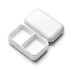 A white plastic container with two compartments and a lid slightly open on a white background surface