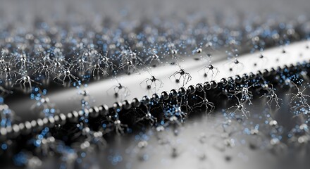 Abstract Artificial Intelligence (AI) neural network with metallic neurons and glowing blue data connections, depicting advanced technology and digital brain communication.