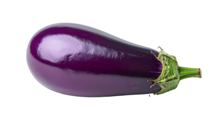 Glossy, elongated purple fruit with green calyx, isolated on black background